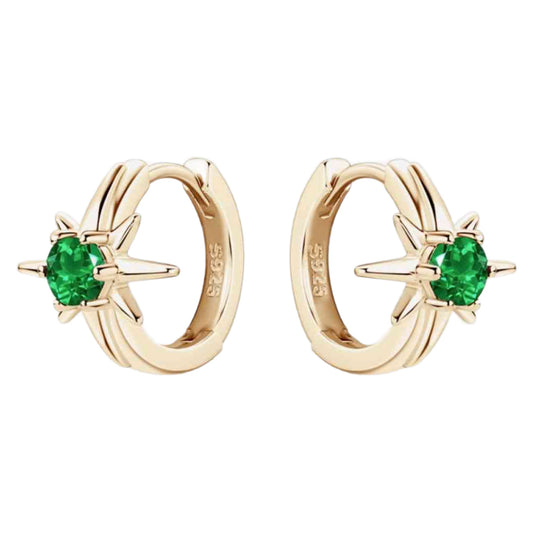 Gold Emerald Star Hoop Earrings