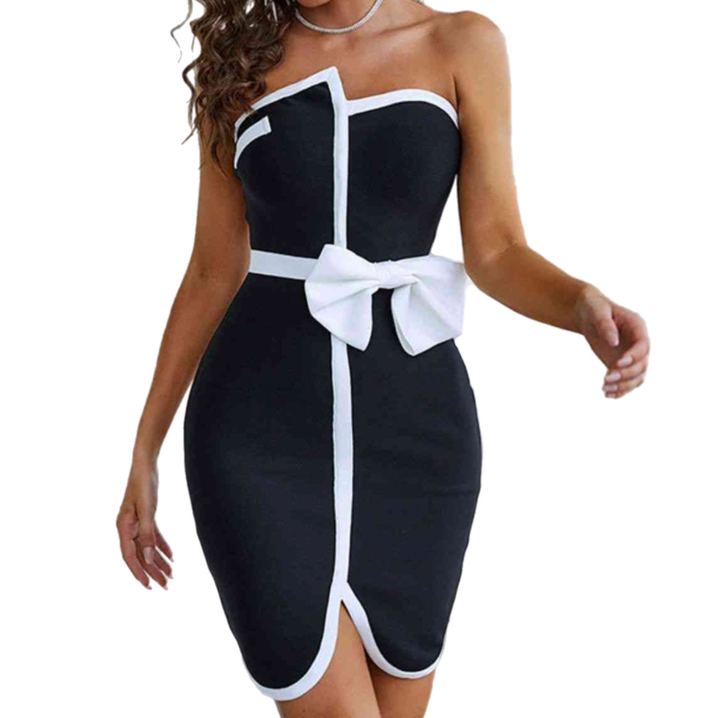 Contrast Strapless Bow Mini Dress