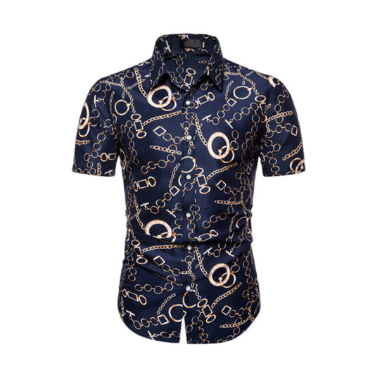 Short Sleeve Button Up Chain Printed Shirt