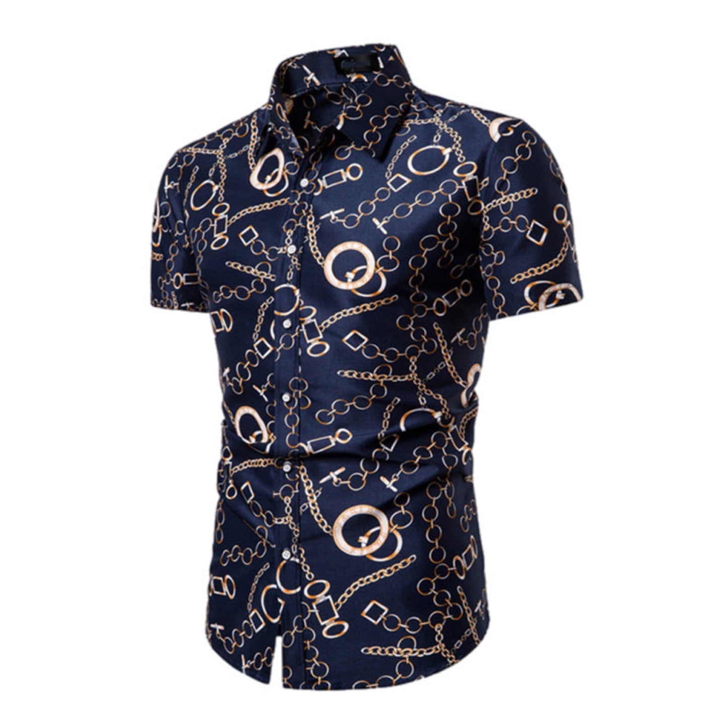 Short Sleeve Button Up Chain Printed Shirt