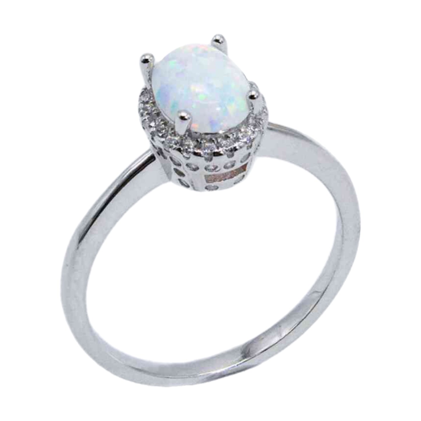 Opal Solitaire Sterling Silver Ring with Halo Pave