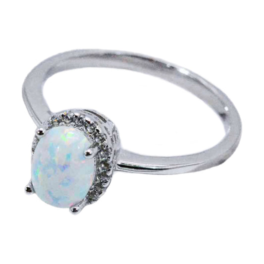 Opal Solitaire Sterling Silver Ring with Halo Pave