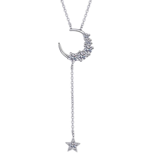 Crescent Moon with Moissanite Sterling Silver Lariat Necklace