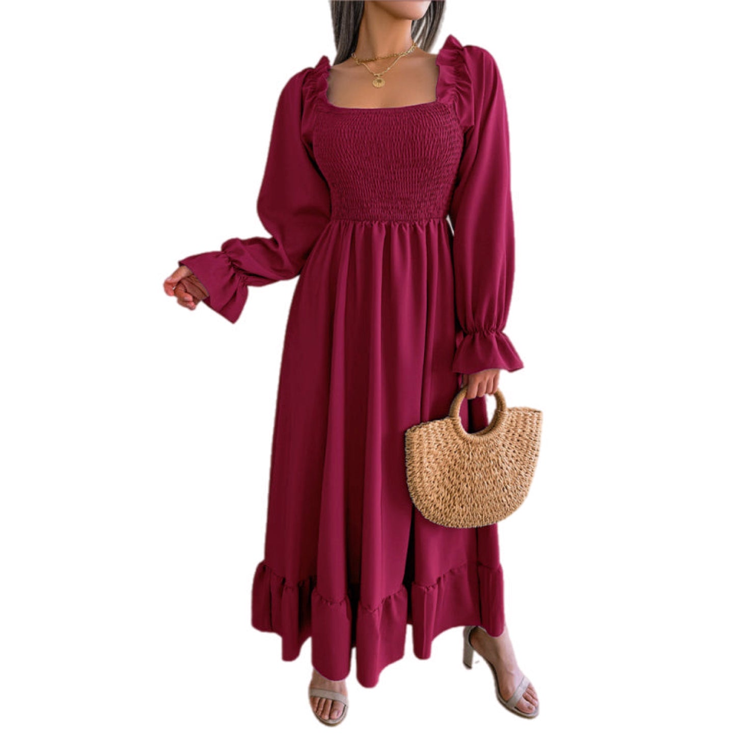 Square Neck Long Sleeved Ruffled Maxi Dress