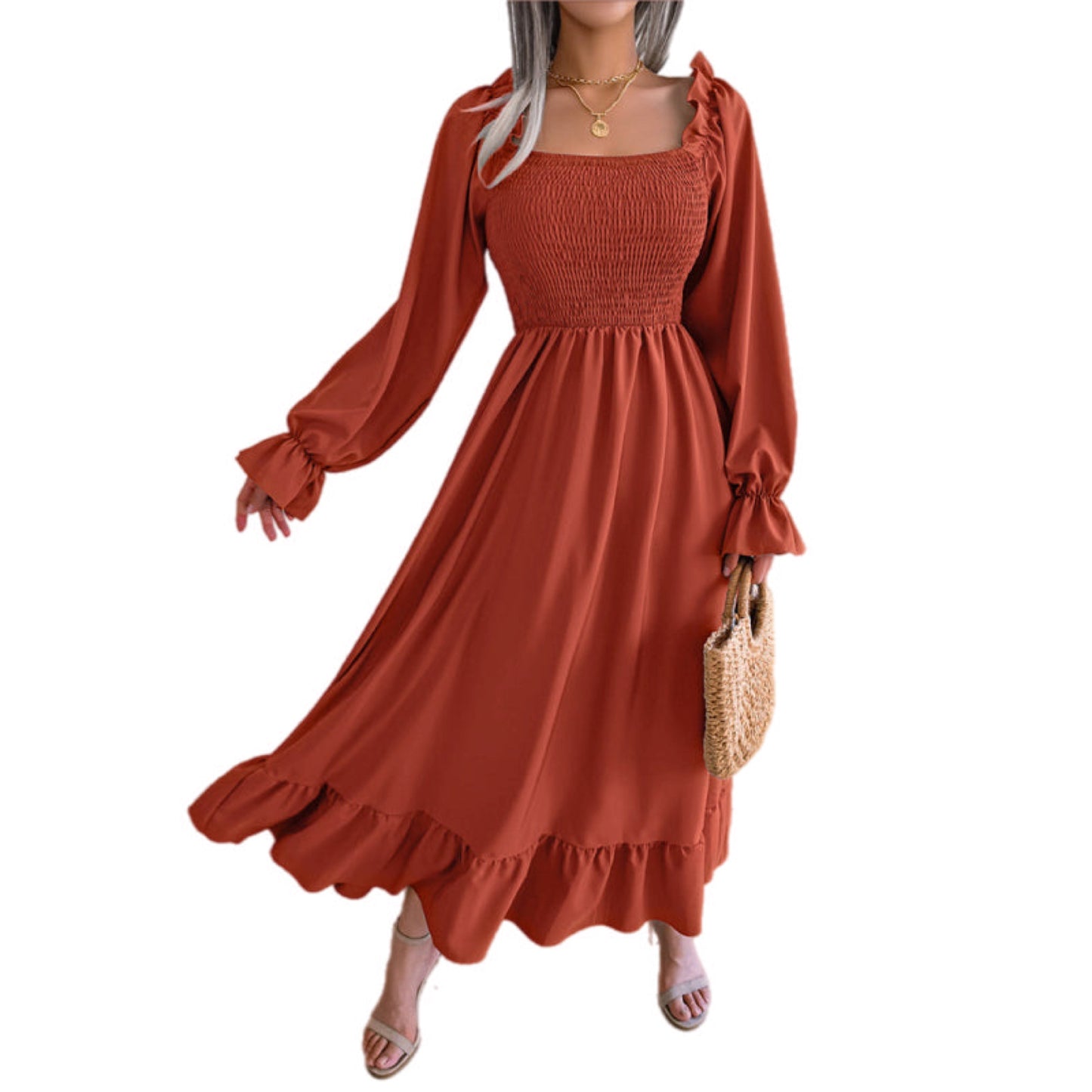 Square Neck Long Sleeved Ruffled Maxi Dress