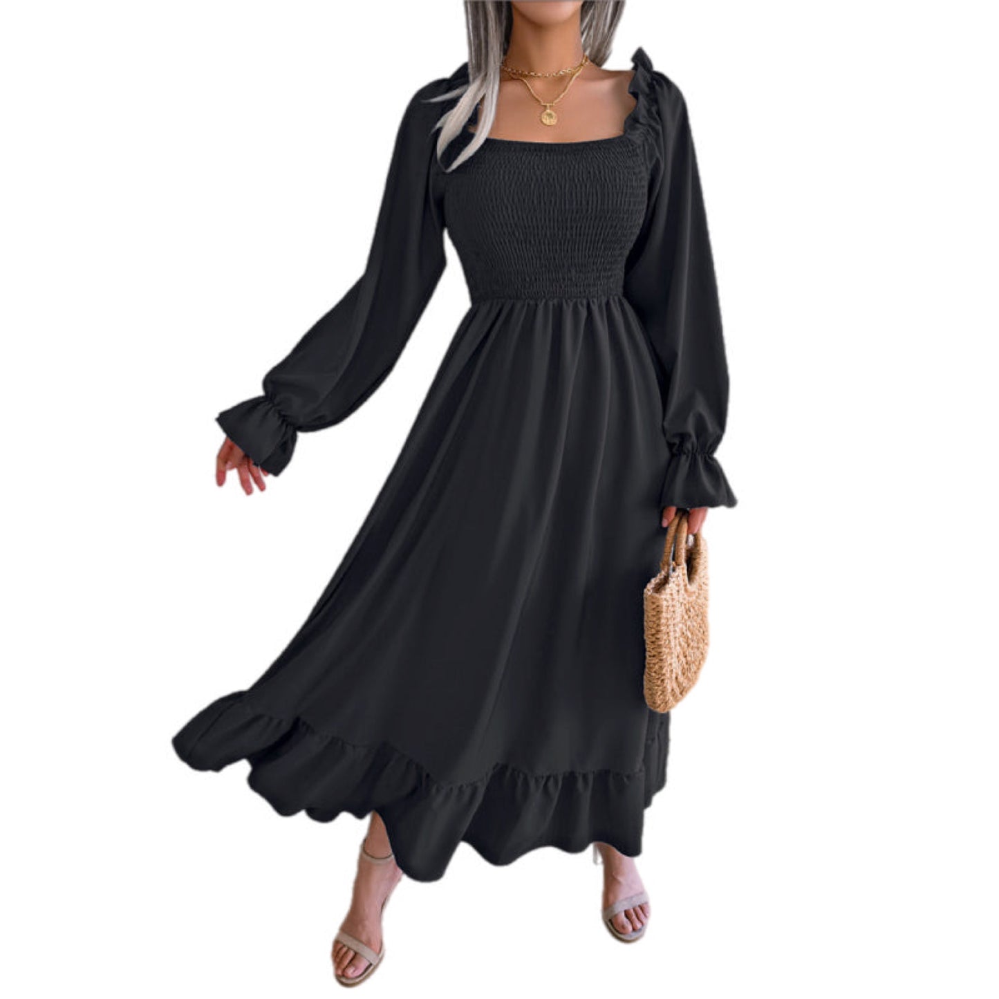 Square Neck Long Sleeved Ruffled Maxi Dress