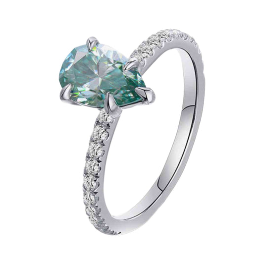 1.5 Carat Green Moissanite Pear Solitaire Sterling Silver Ring