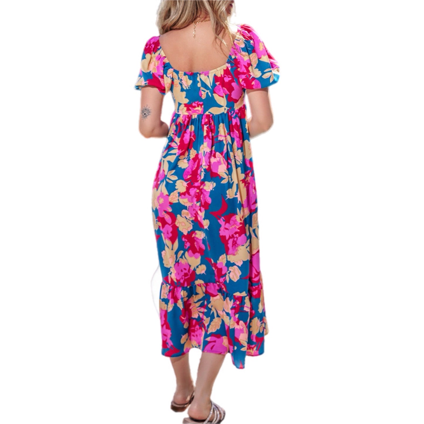 Tropical Bliss Floral Midi Dress with Puff Sleeves