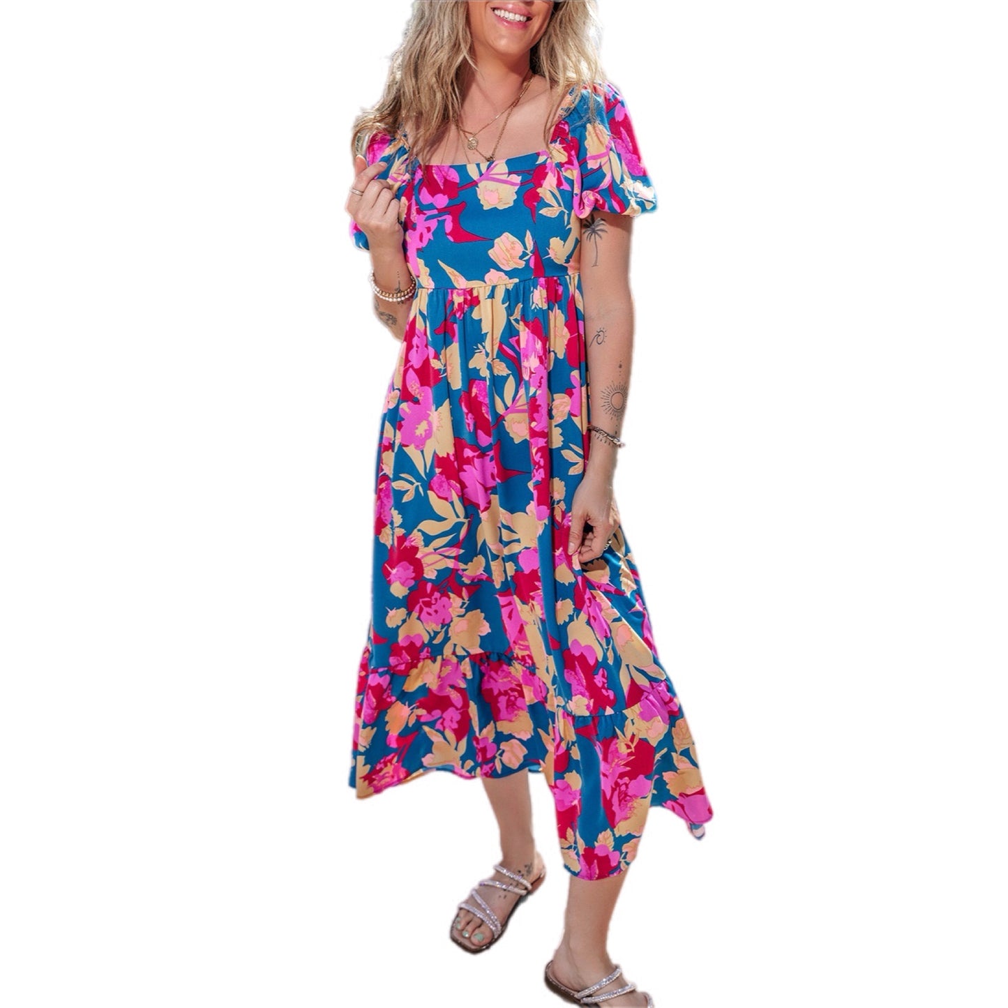 Tropical Bliss Floral Midi Dress with Puff Sleeves