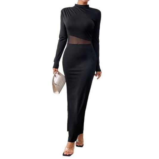 Sheer Panel Long Sleeve Maxi Dress