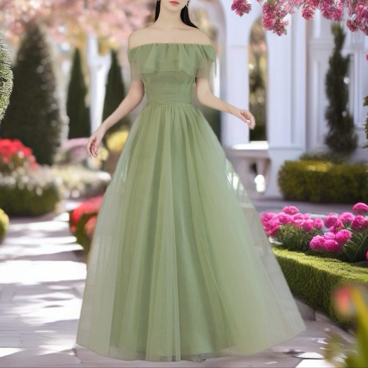 Green Off The Shoulder Green Evening Gown