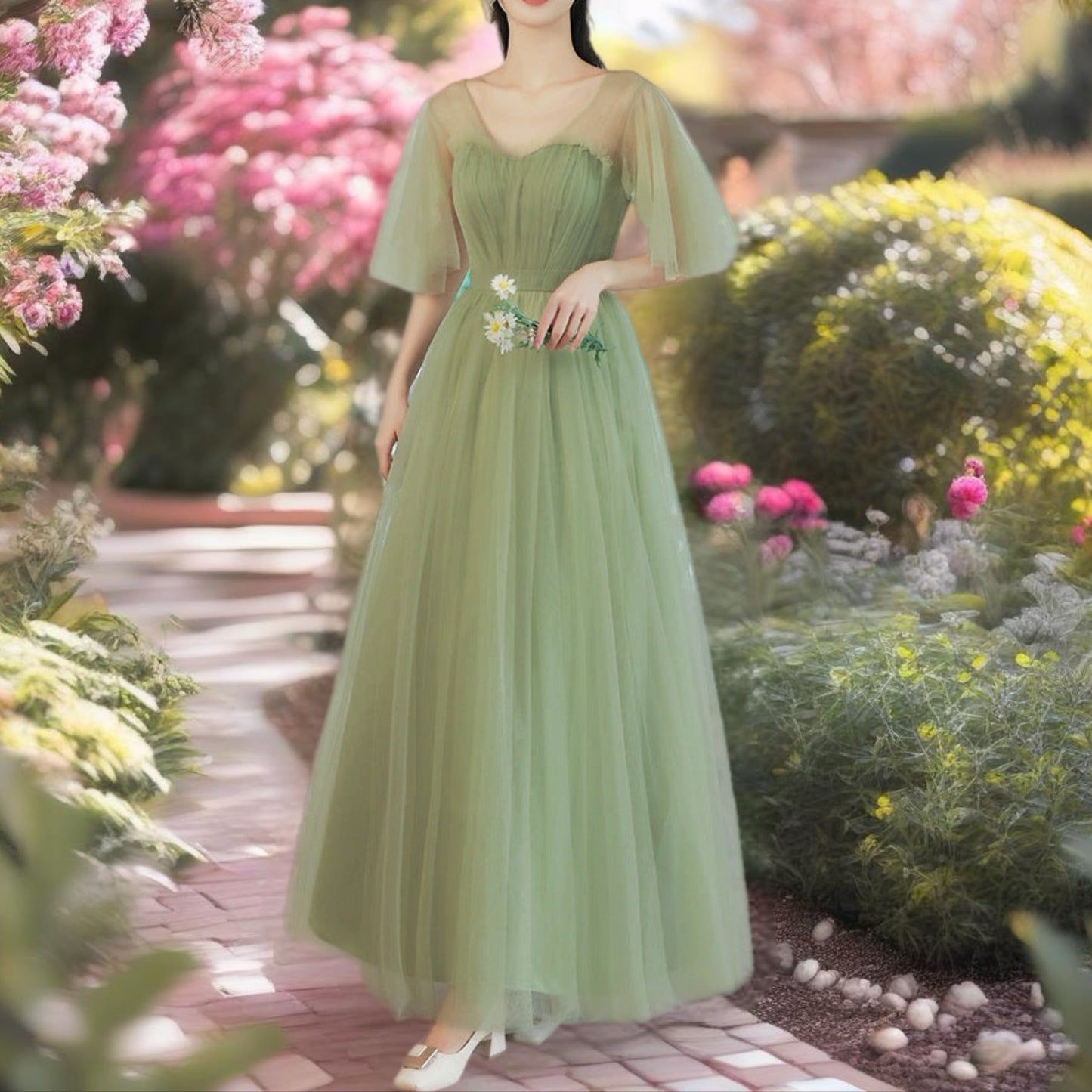 Green Off The Shoulder Green Evening Gown