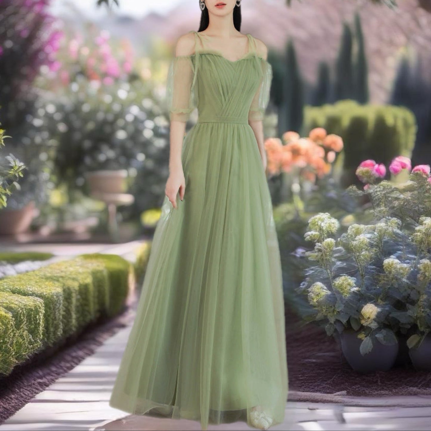 Green Off The Shoulder Green Evening Gown