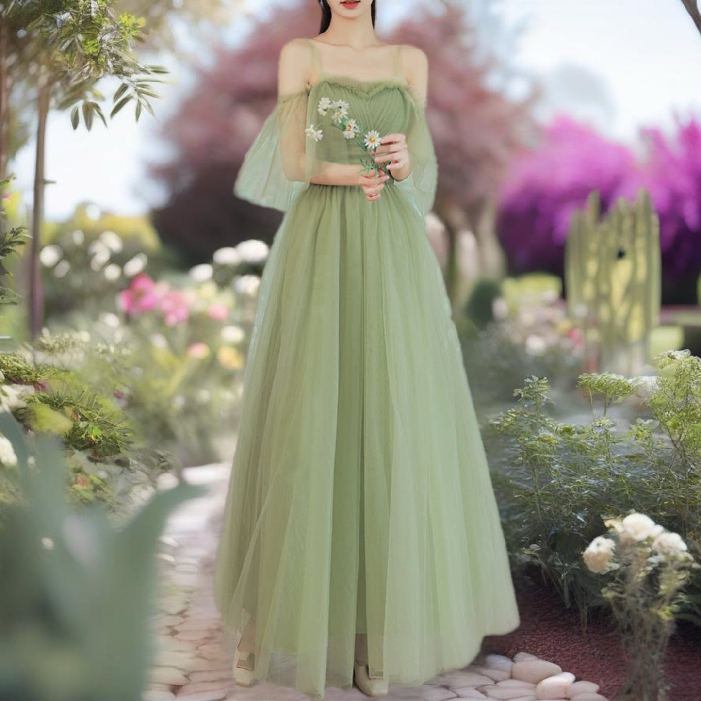 Green Off The Shoulder Green Evening Gown