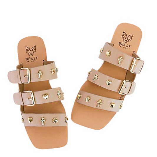 Vegan Leather Sandals with Gold Studs