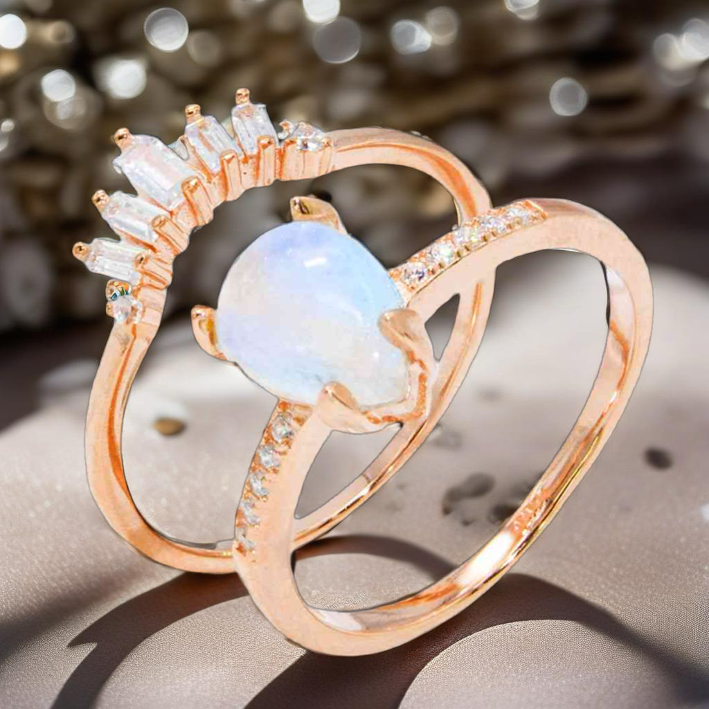 Natural Moonstone & CZ Rose Gold Ring Set