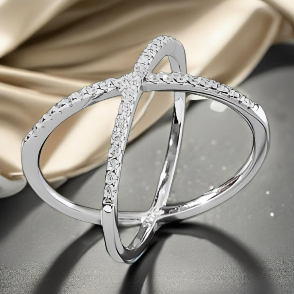 X Shape Inlaid CZ Sterling Silver Ring