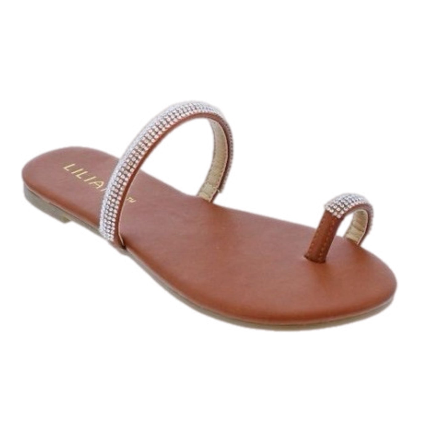 Cognac Vegan Leather Sandals with Rhinestone Embellishments