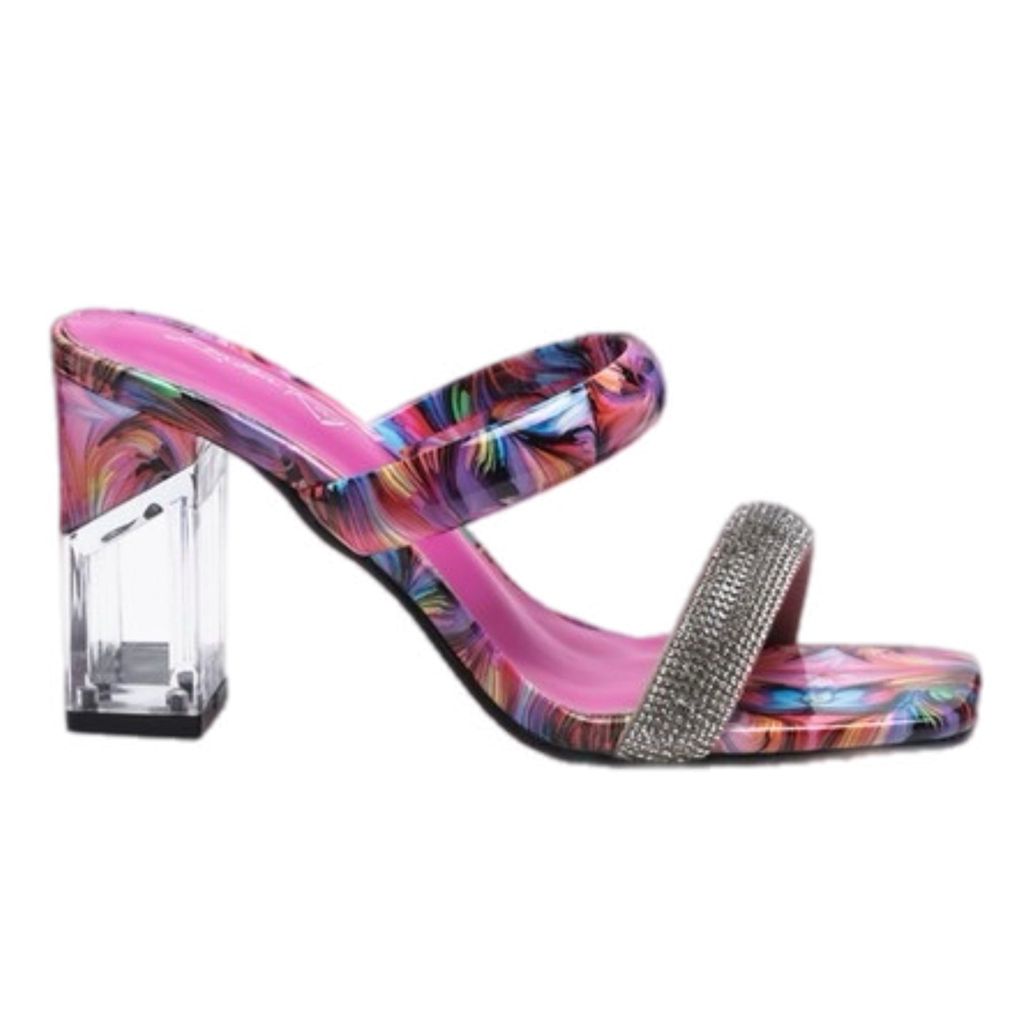 Clear Block Heeled Marble Print Sandals