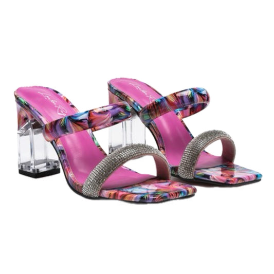 Clear Block Heeled Marble Print Sandals