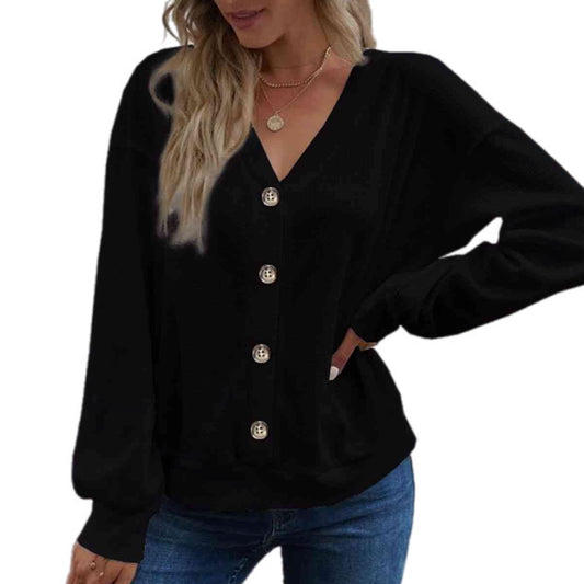 Waffle Knit V-Neck Dropped Shoulder Blouse