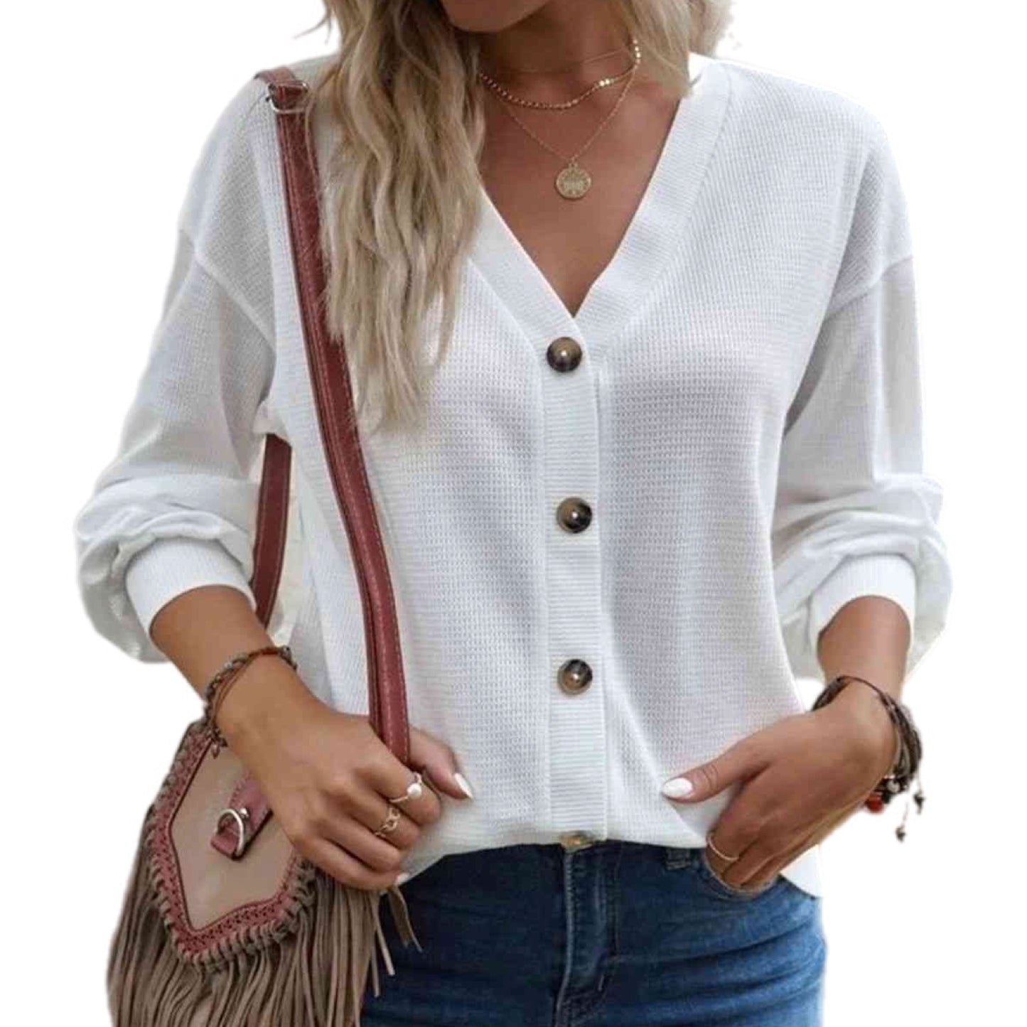 Waffle Knit V-Neck Dropped Shoulder Blouse