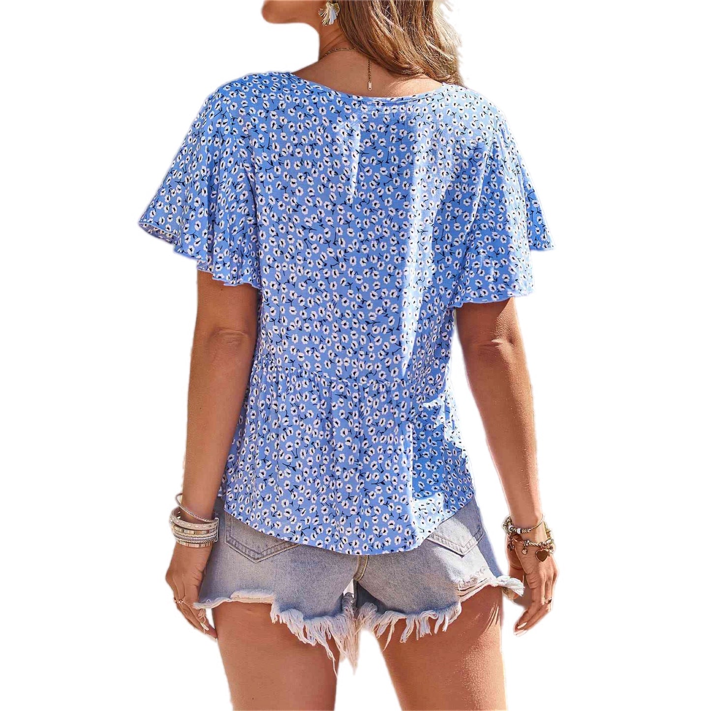 Printed Flutter Sleeve V-Neck Top