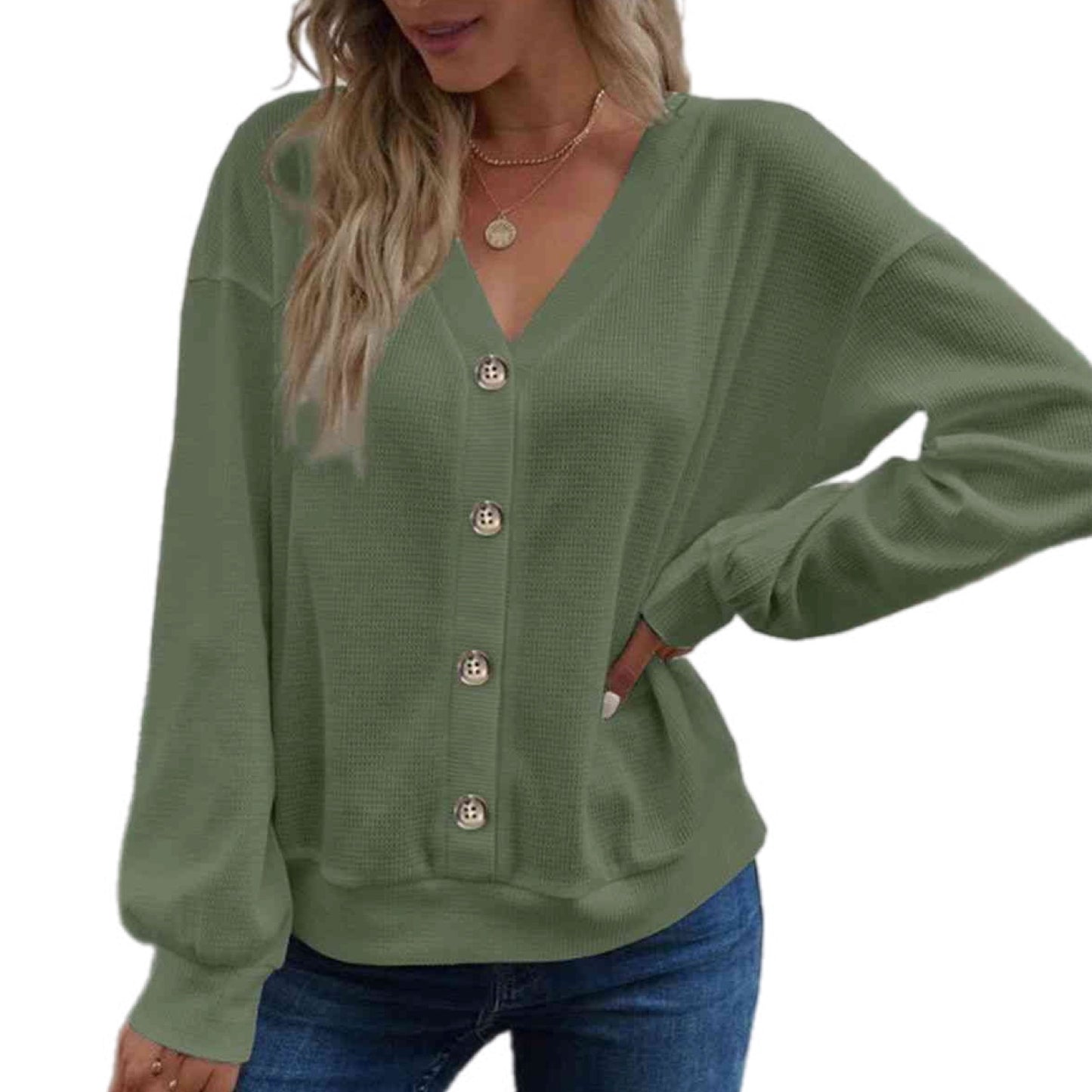 Waffle Knit V-Neck Dropped Shoulder Blouse