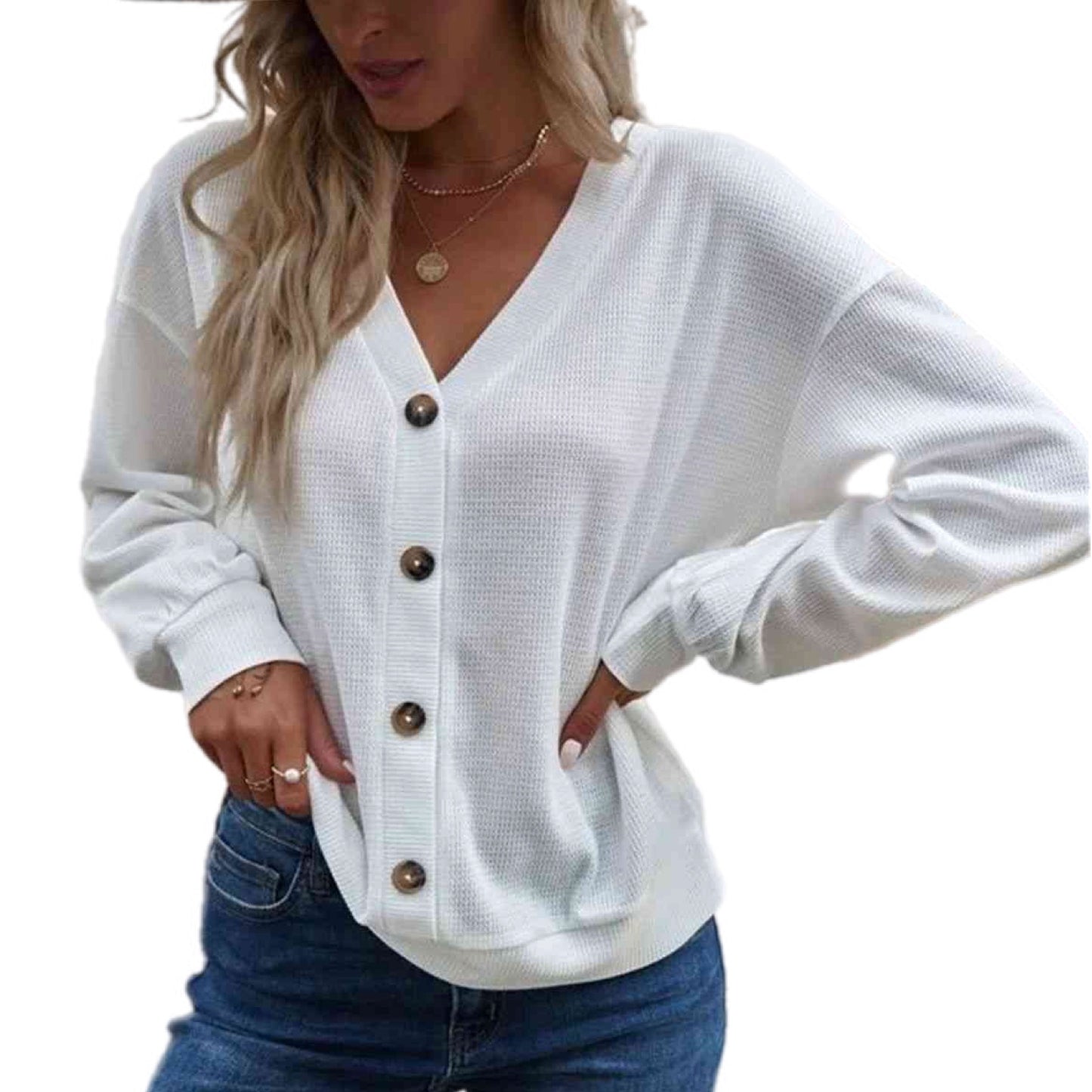 Waffle Knit V-Neck Dropped Shoulder Blouse