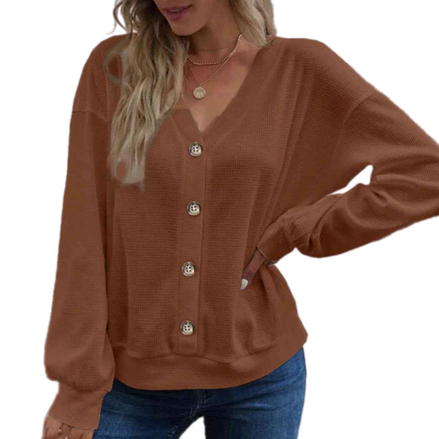 Waffle Knit V-Neck Dropped Shoulder Blouse