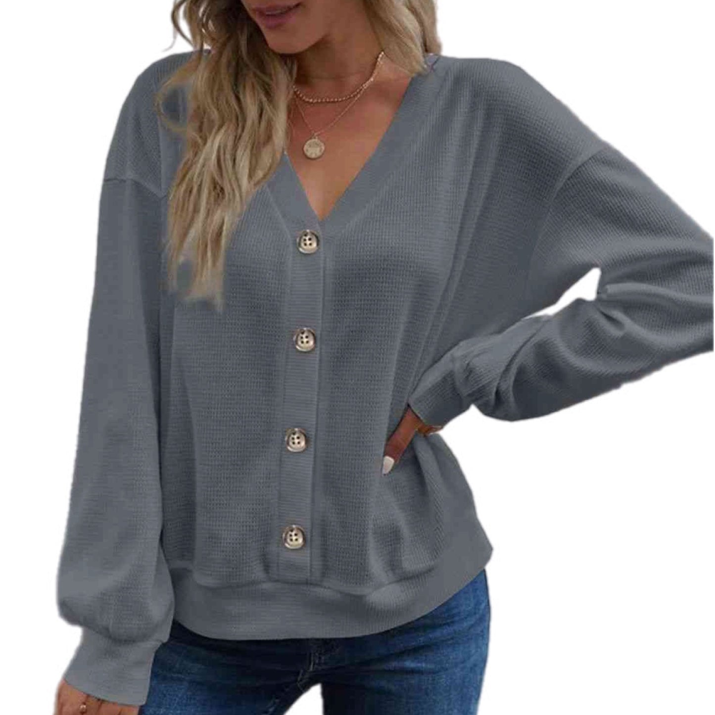 Waffle Knit V-Neck Dropped Shoulder Blouse