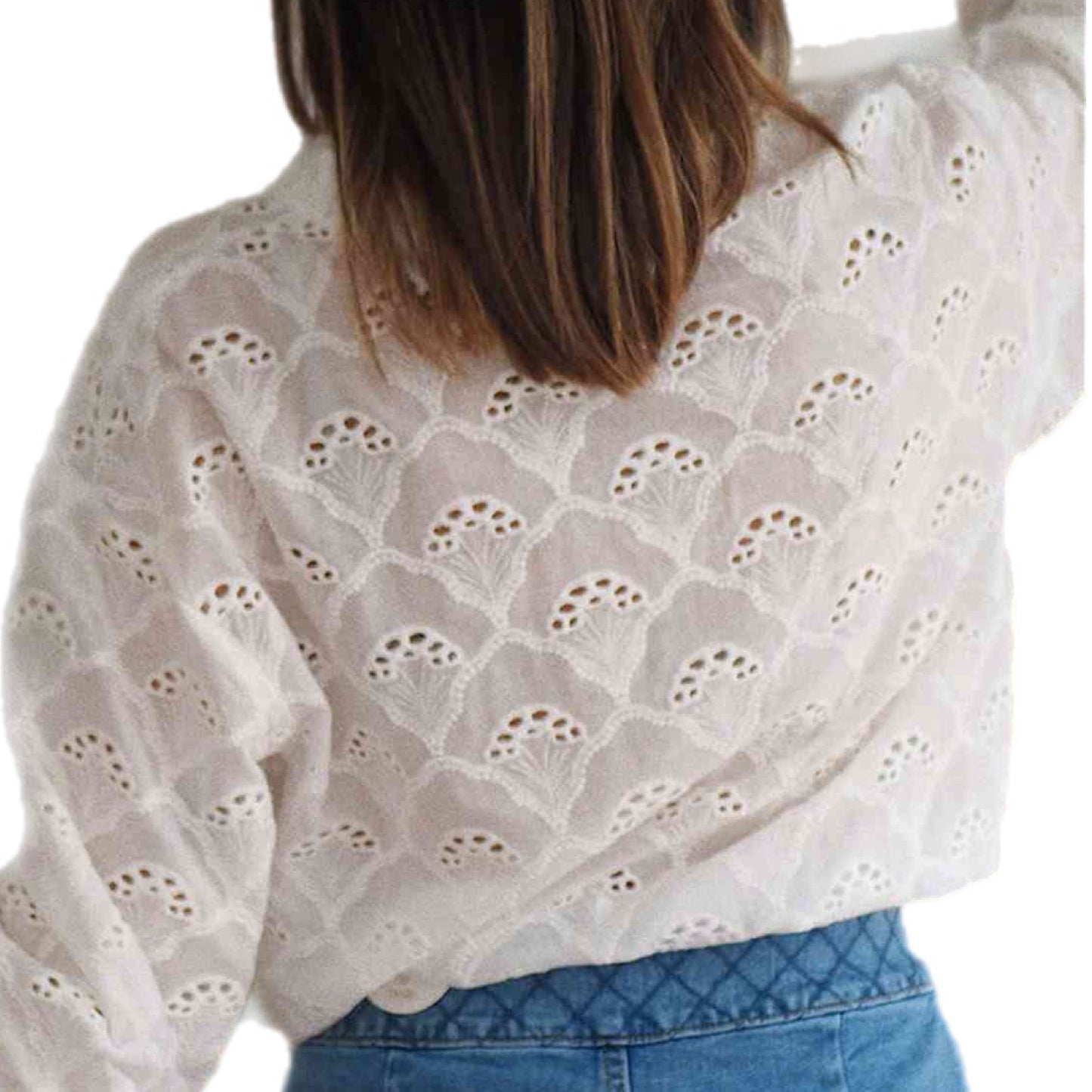 Eyelet Notched Neck Flounce Sleeve Blouse