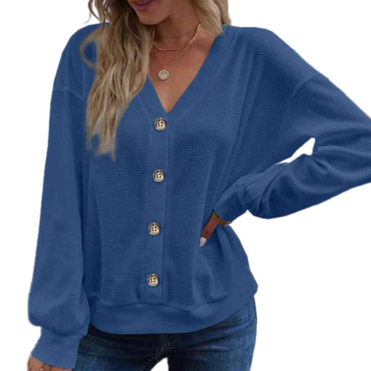 Waffle Knit V-Neck Dropped Shoulder Blouse