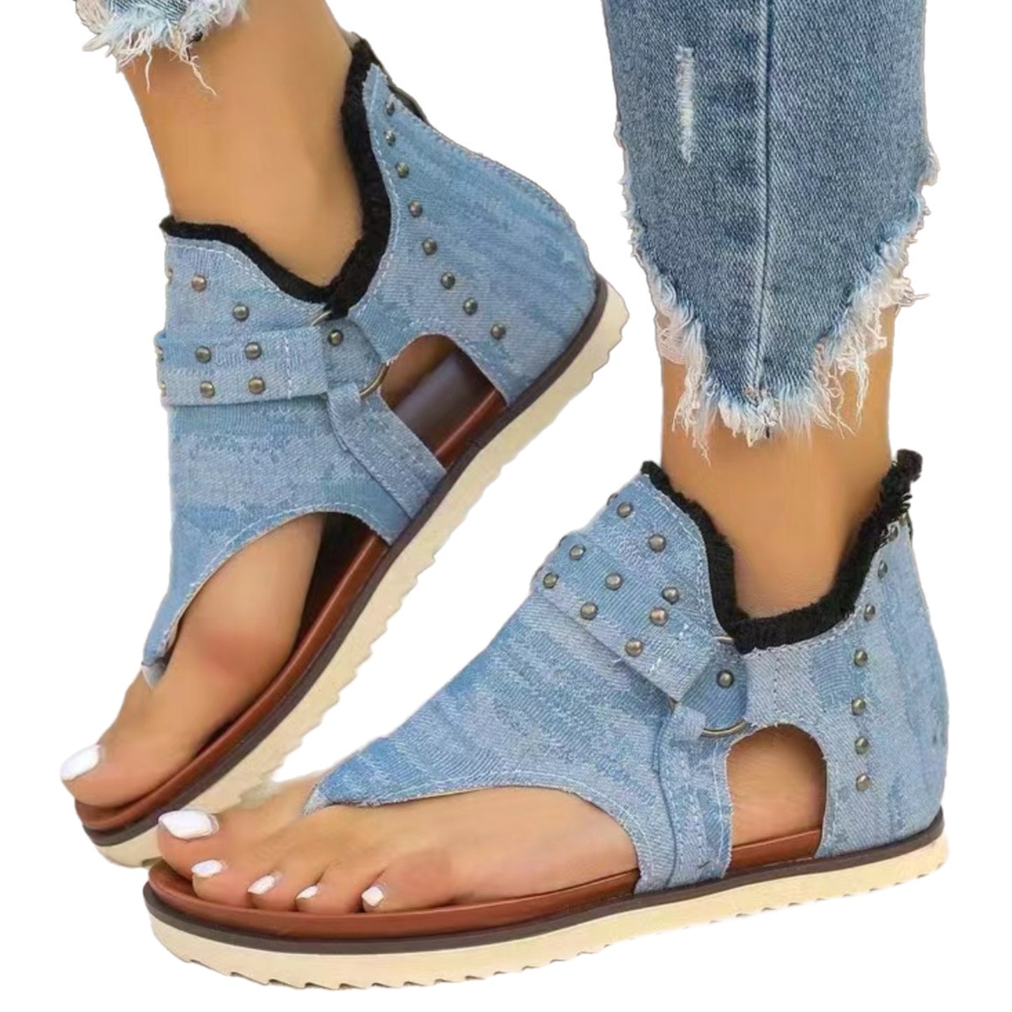 Studded Raw Hem Flat Sandals