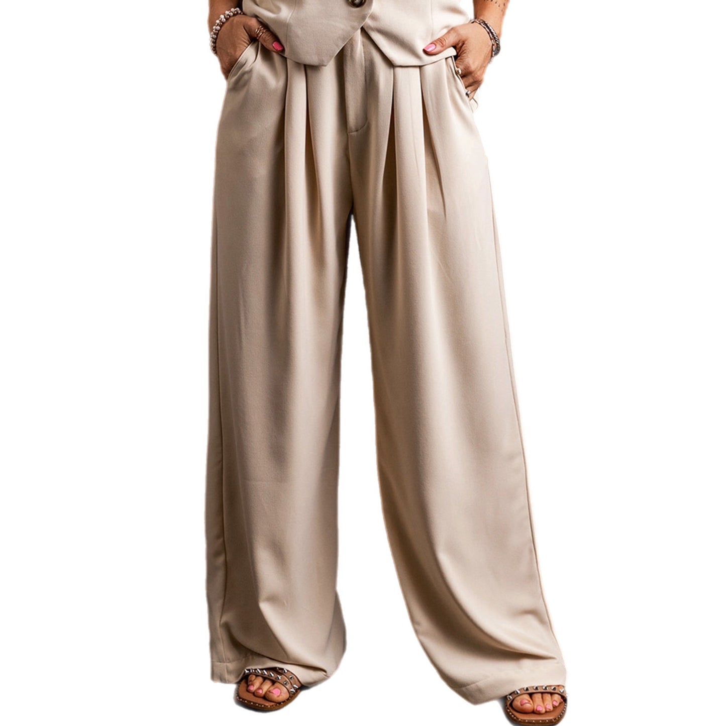 Khaki Ruched Wide Leg Pants with Pockets