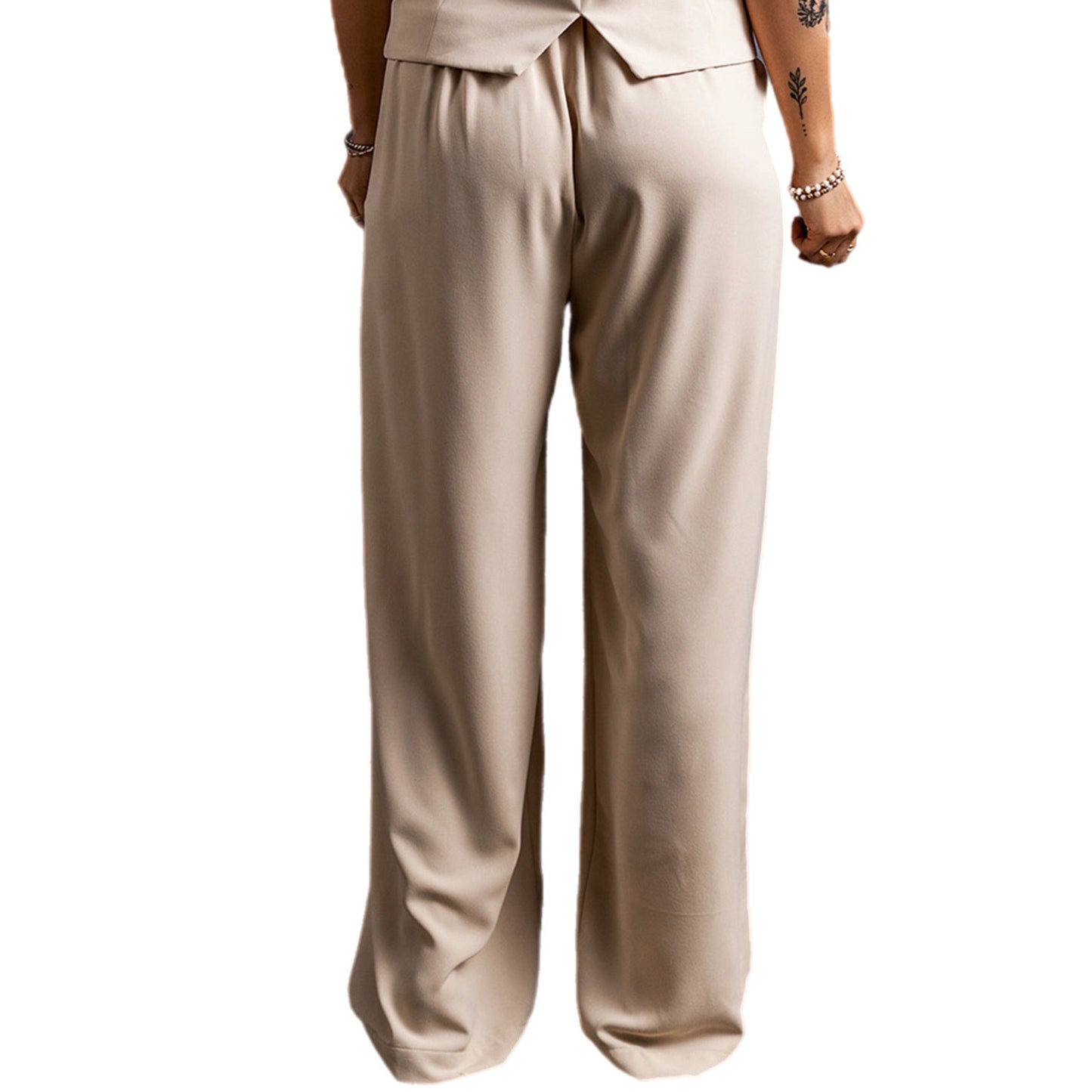 Khaki Ruched Wide Leg Pants with Pockets