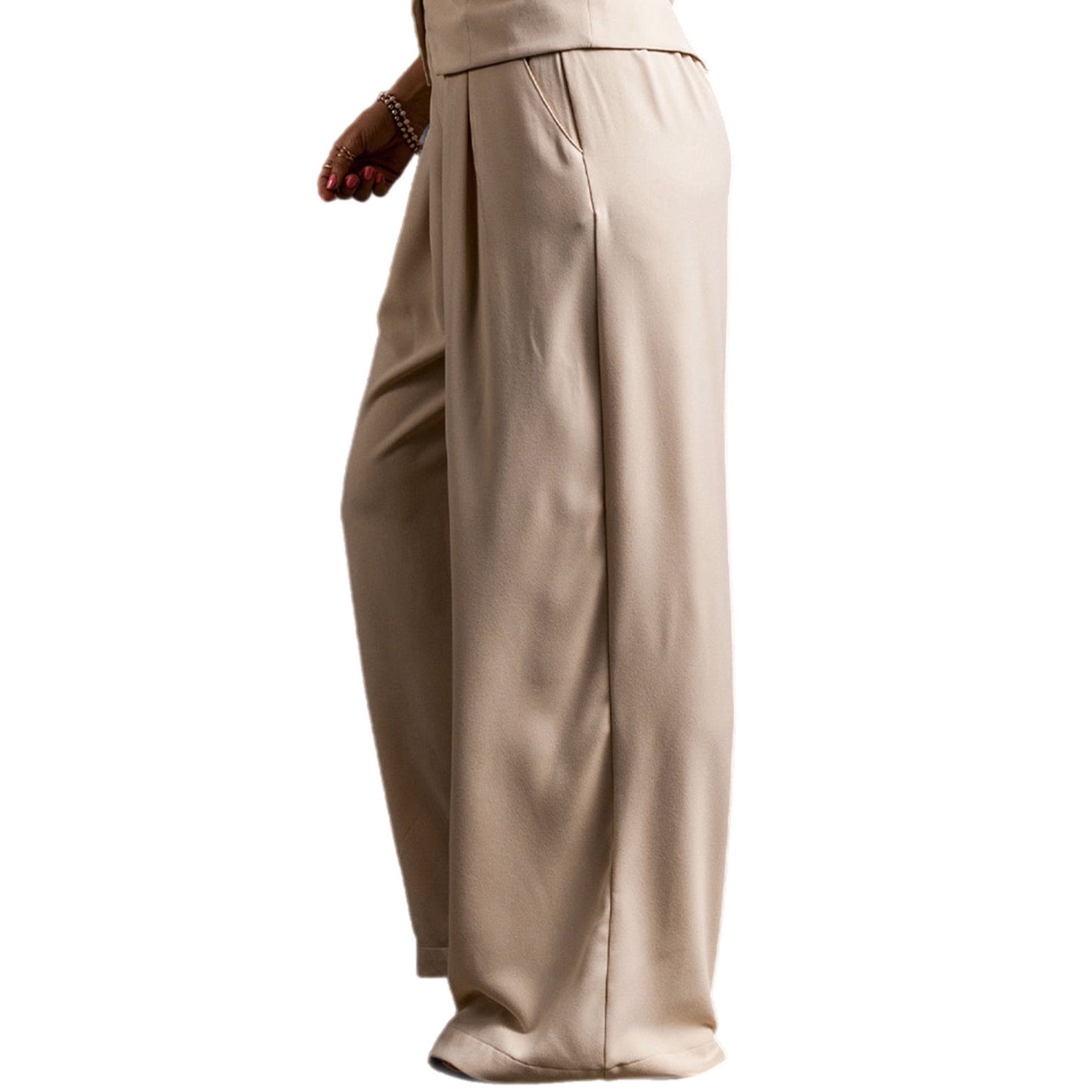 Khaki Ruched Wide Leg Pants with Pockets