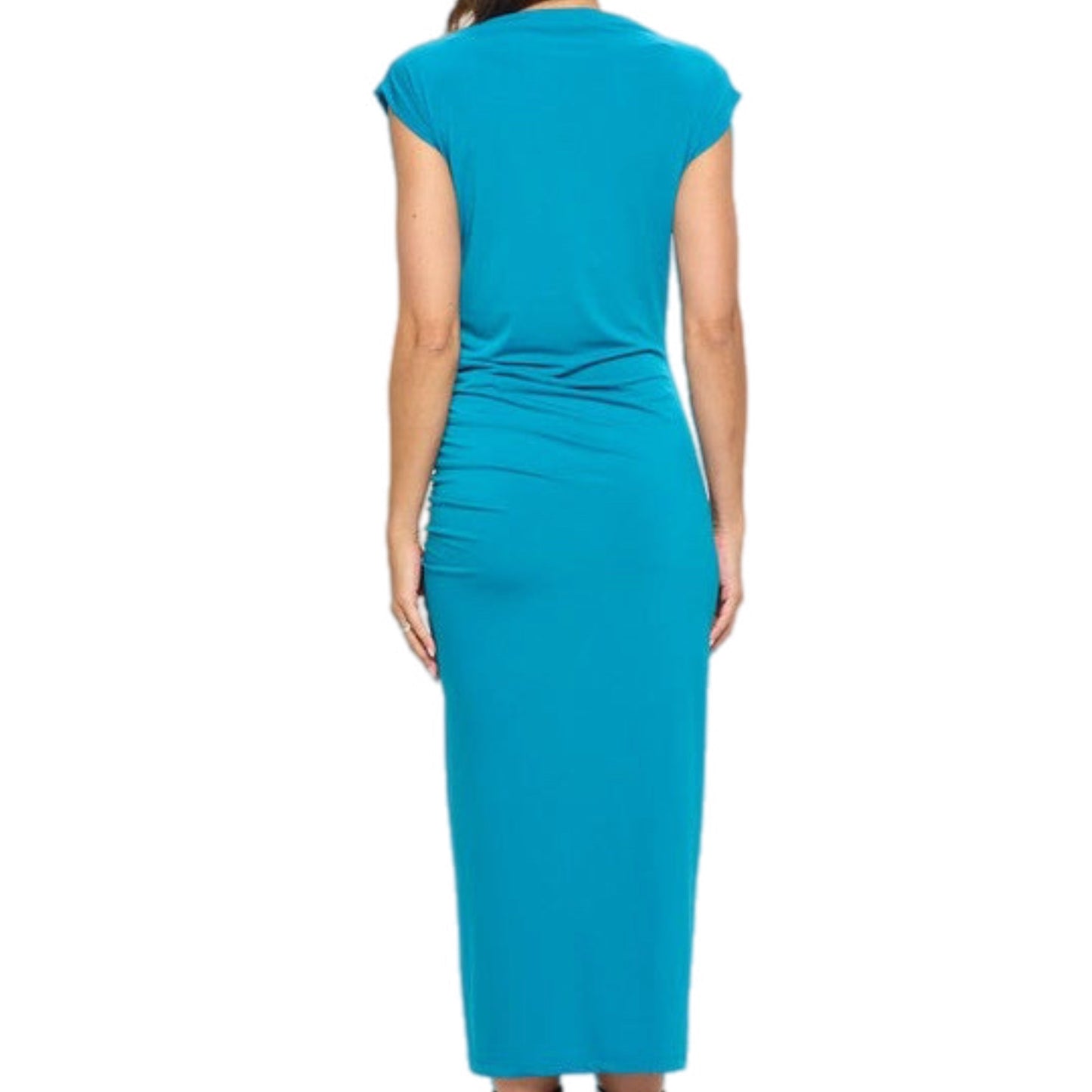 Teal Sleeveless Ruched Dress with Slit