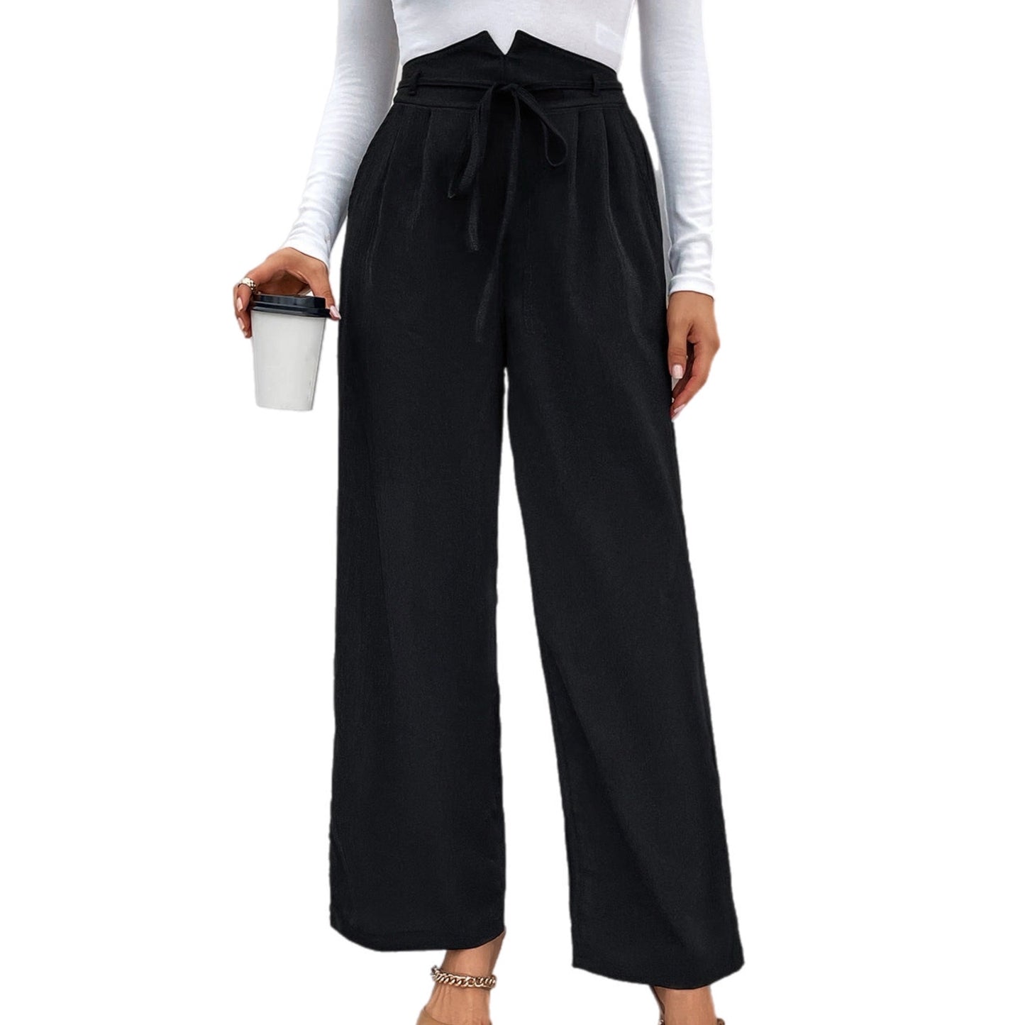 High Waist Ruched Tie Front Wide Leg Pants