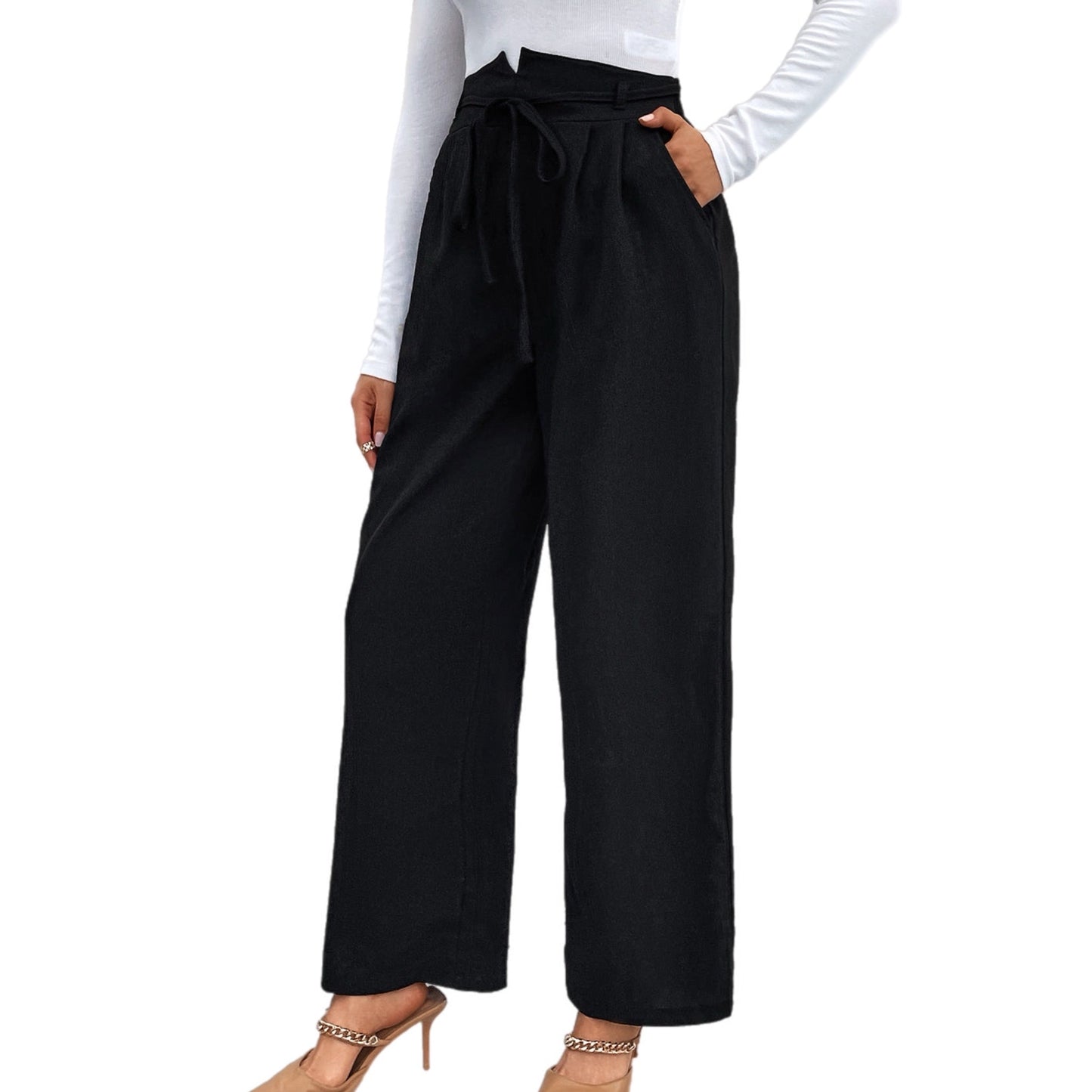 High Waist Ruched Tie Front Wide Leg Pants