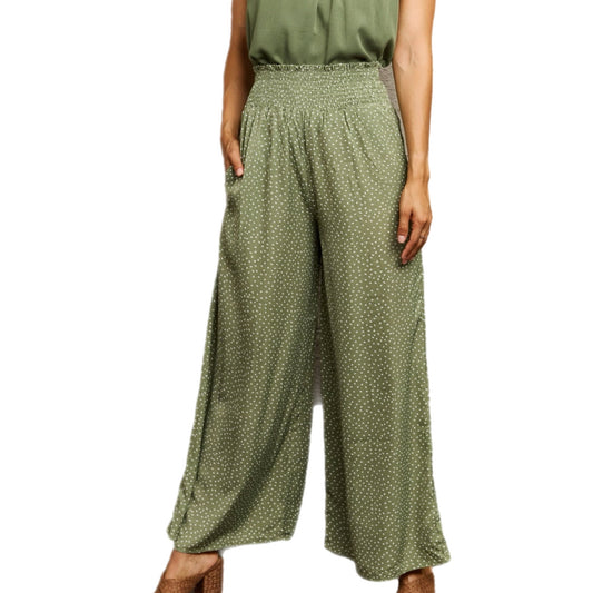 Green Smocked Waist Wide Leg Printed Long Pants