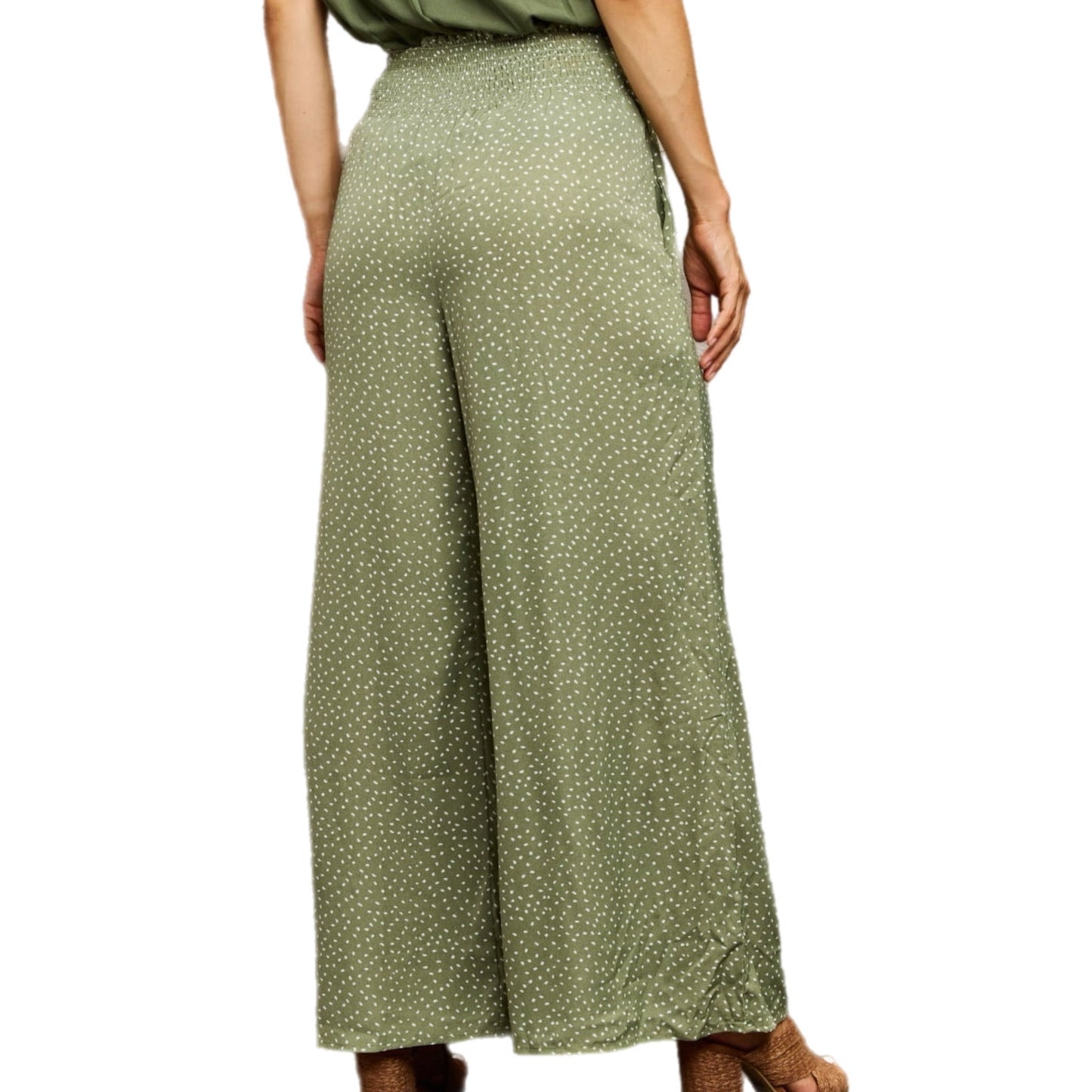 Green Smocked Waist Wide Leg Printed Long Pants