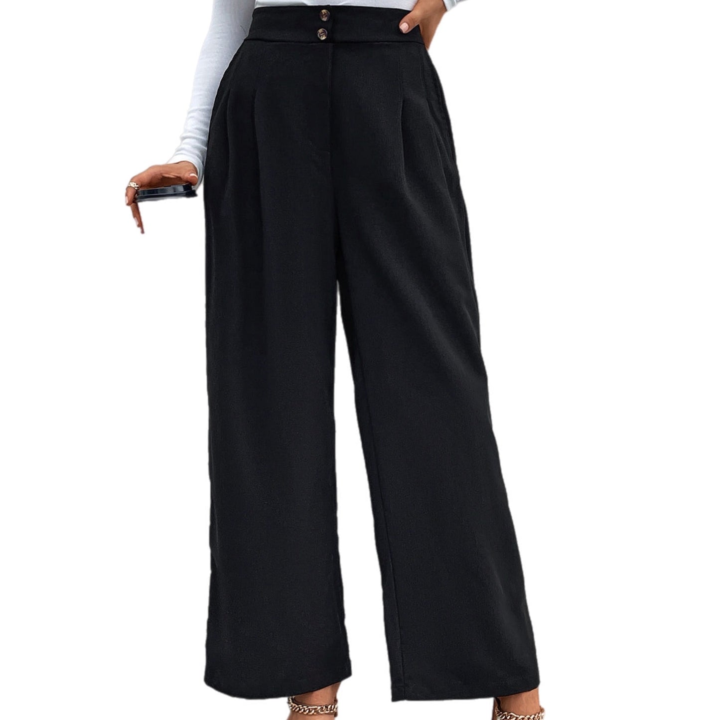 Black High Waist Ruched Pocketed Wide Leg Pants