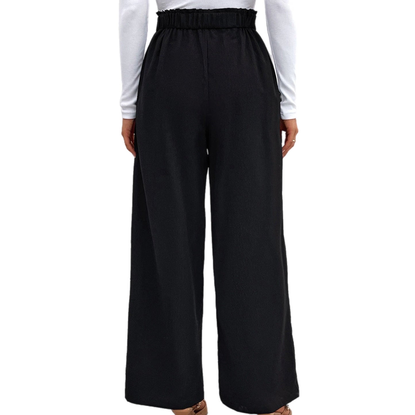 Black High Waist Ruched Pocketed Wide Leg Pants