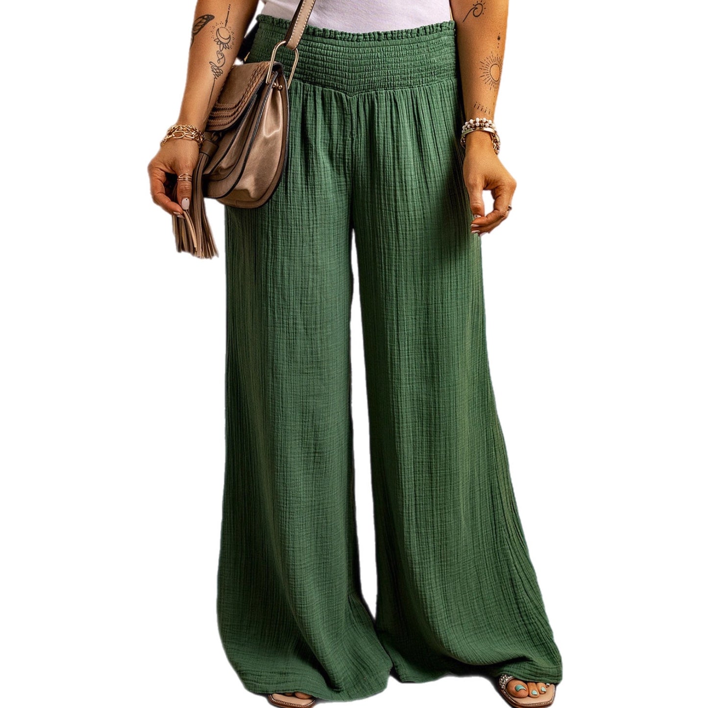 Smocked Waist Texture Wide Leg Pants