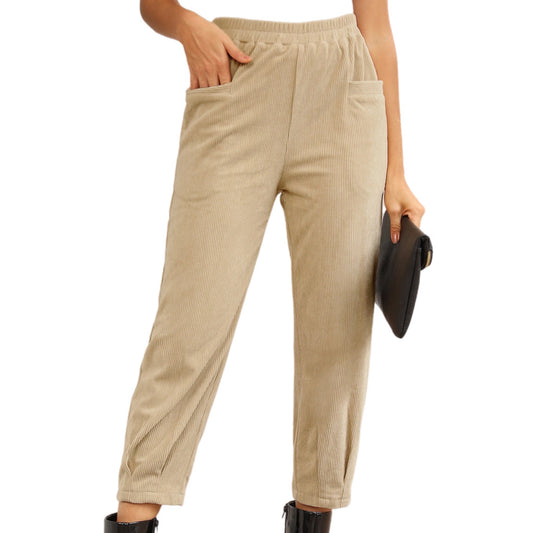 Sand Ribbed Front Pocket Elastic Waist Pants