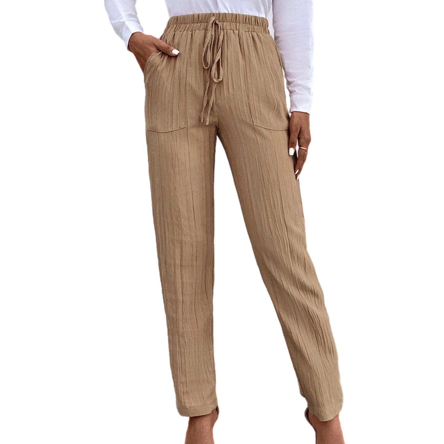 Tan Texture Drawstring Pants with Pockets