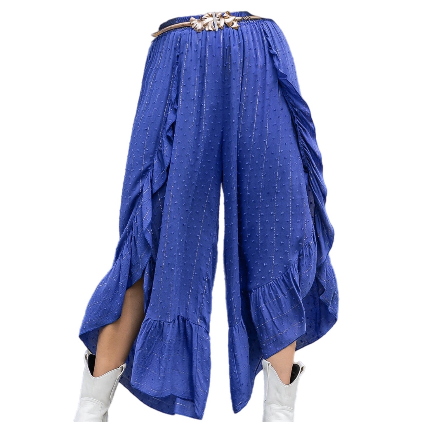 Blue Plus Size Swiss Dot Ruffled Wide Leg Pants