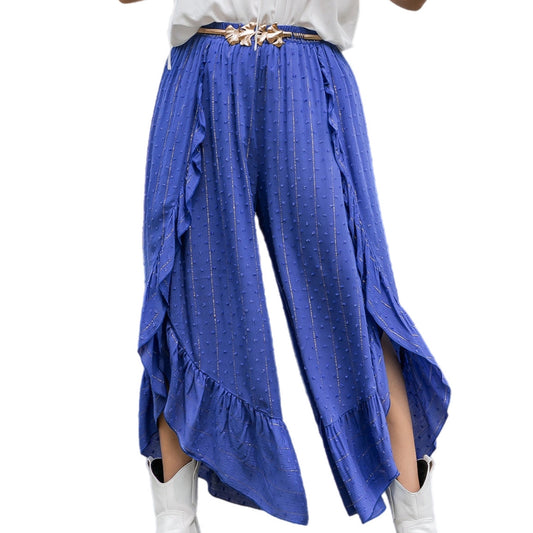 Blue Plus Size Swiss Dot Ruffled Wide Leg Pants