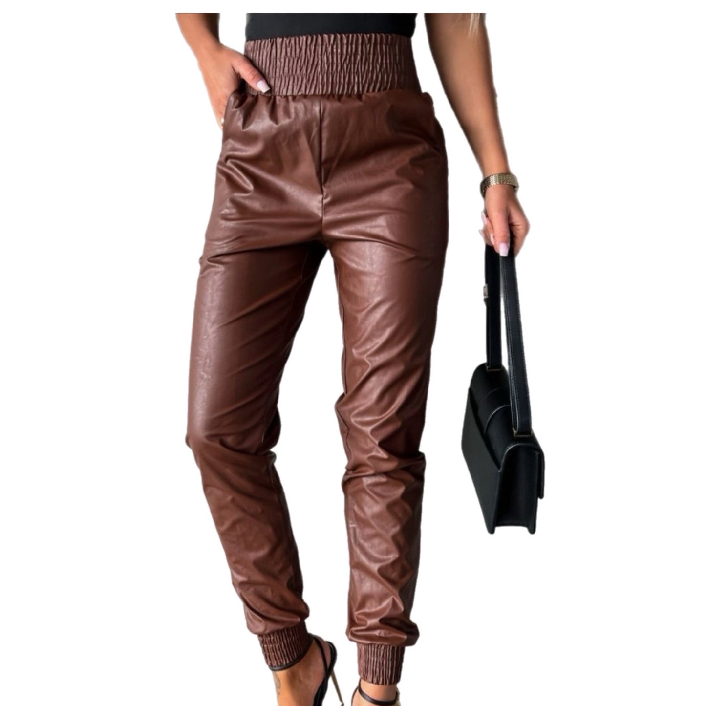 Vegan Leather Smocked High Waist Pants with Pockets